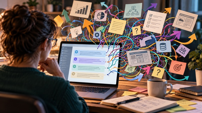 Person reviewing AI advice on a laptop as colourful, tangled wires and conflicting business recommendations emerge from the screen.